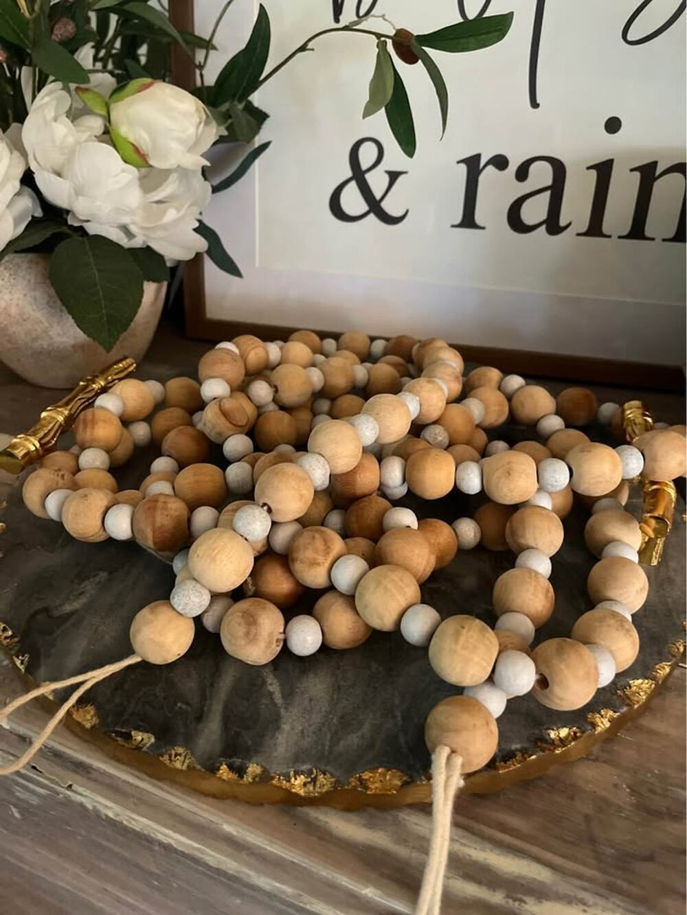 Wooden Bead Garland Set of 2 Wood Natural String Beads Farmhouse French Country